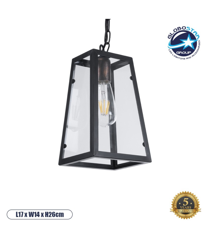 GLOBOSTAR® LIMA 01040 Vintage Κρεμαστό Φωτιστικό Οροφής με Ντουί 1 x E27 AC 220-240V IP20 - Μαύρο & Διάφανο - Μ17 x Π14 x Υ26cm